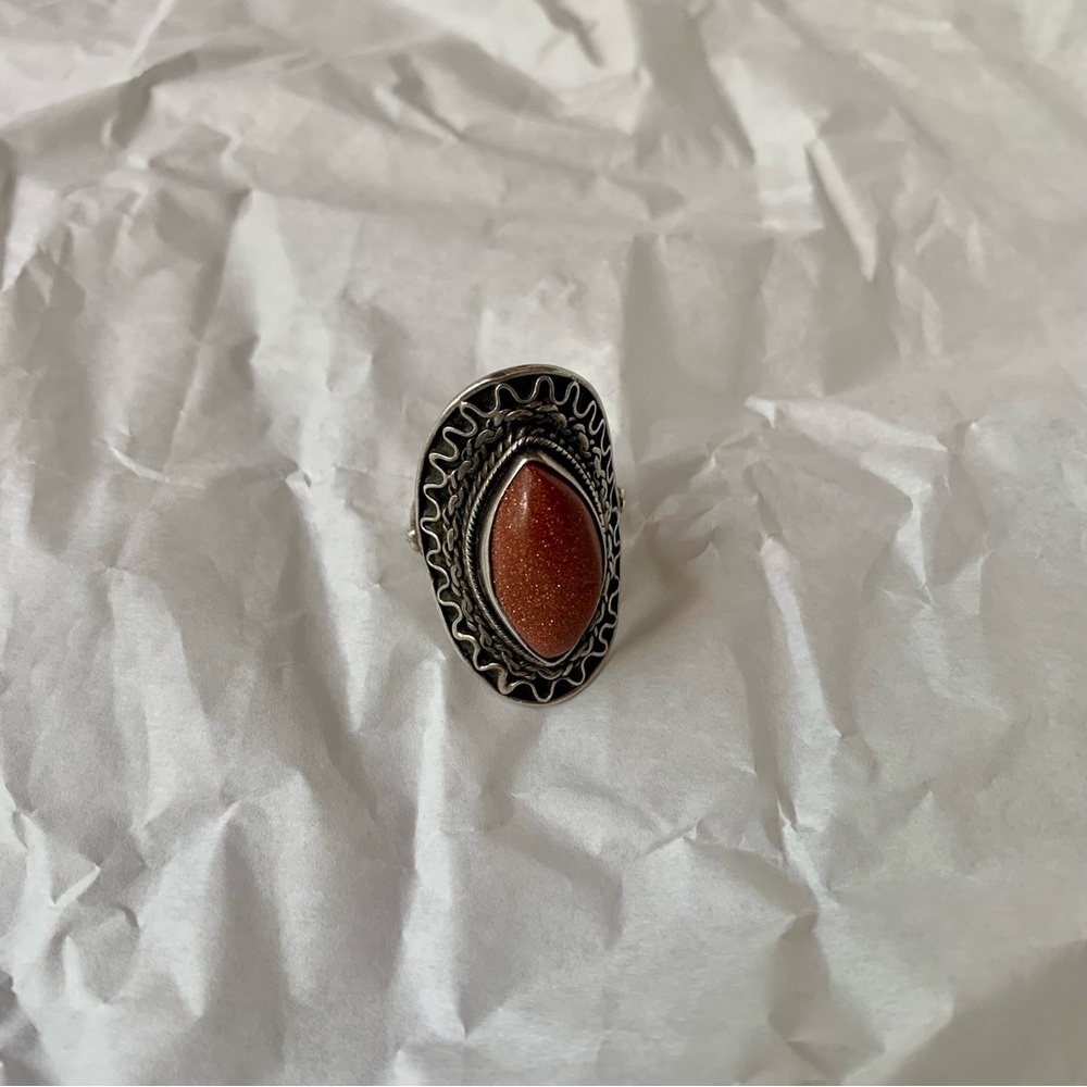 Women's Silver-Tone Ring with Goldstone Cabochon